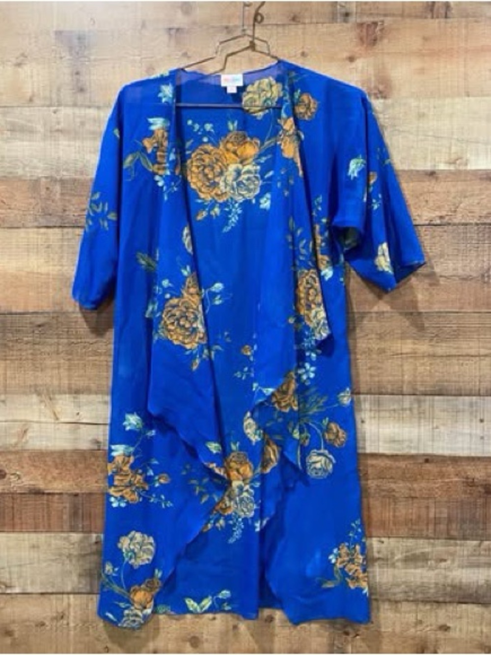 LuLaRoe Royal Blue Floral Kimono with Yellow Rose Accents Size Small